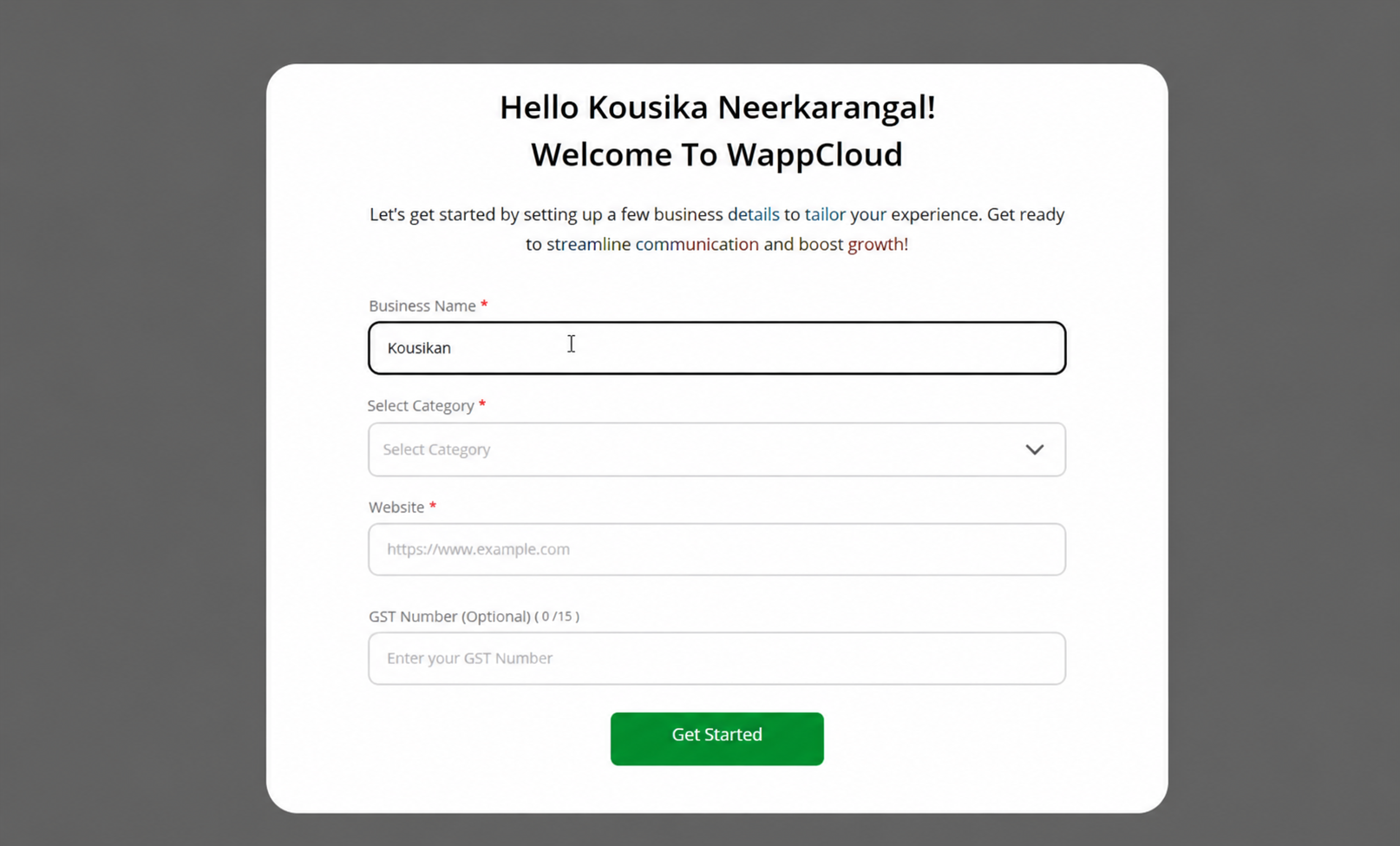 Figure 4.1 — Business profile setup screen