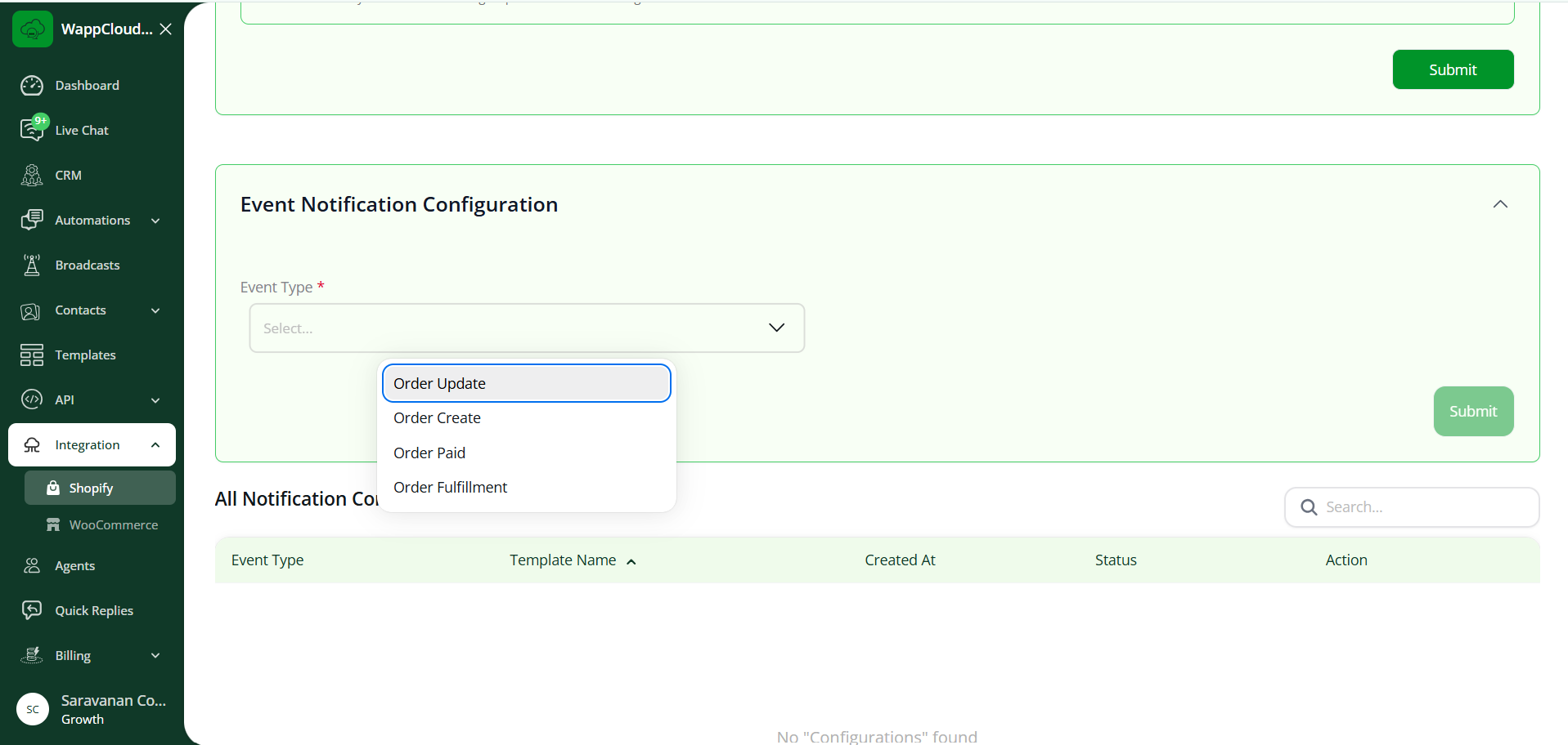 Shopify Event Type selection