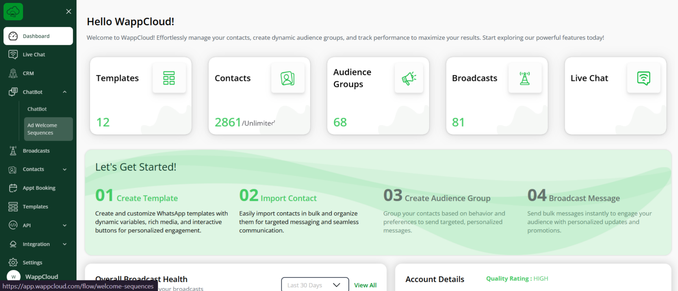 WappCloud chatbot section showing Ad Welcome Sequence