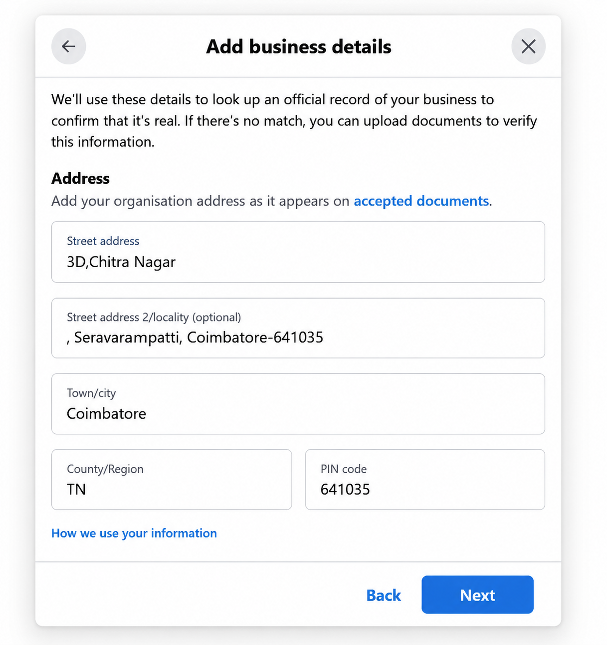 Figure 7.4 — Business name and address entry