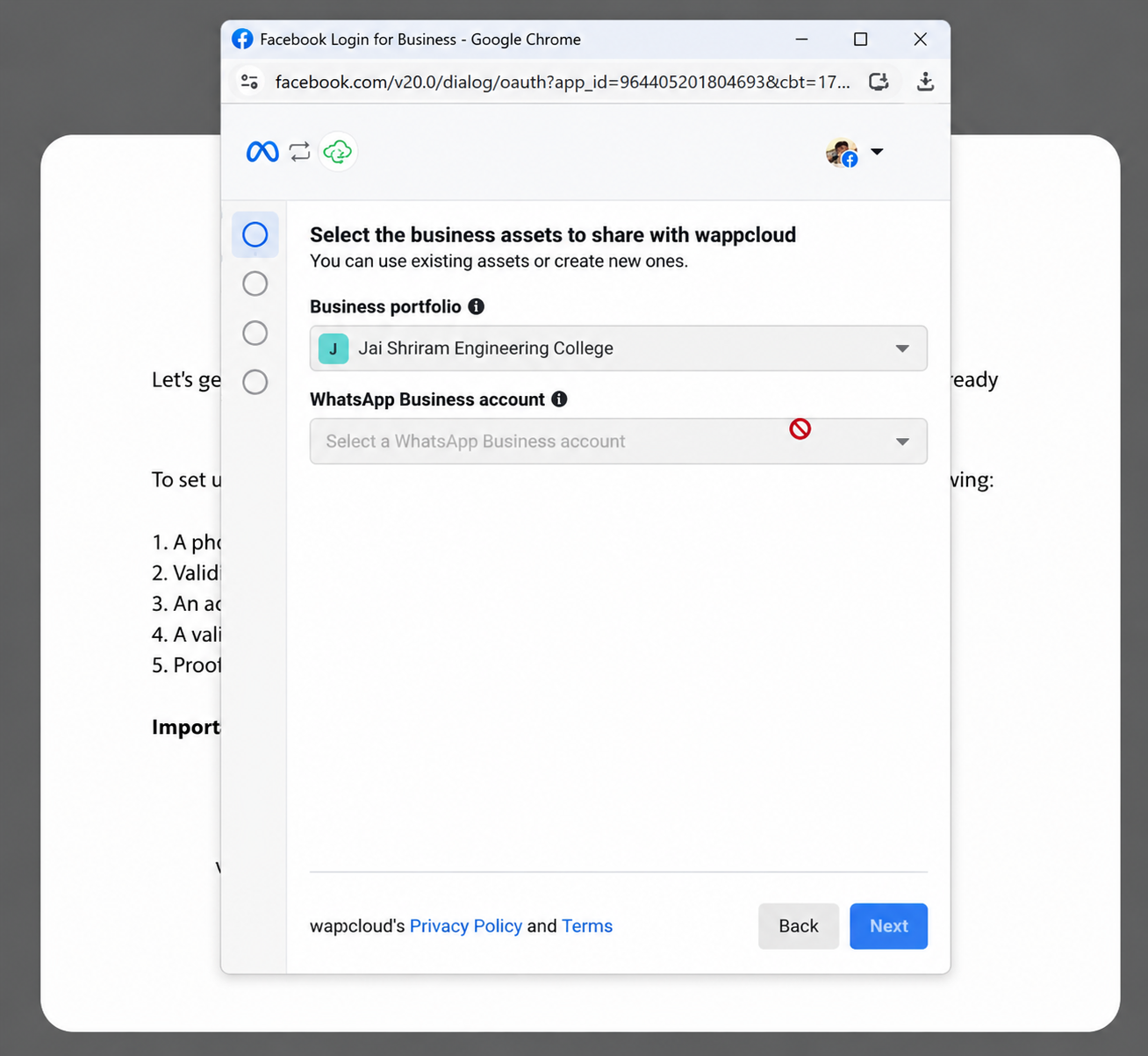 Figure 5.2 — Selecting business assets and WhatsApp setup option