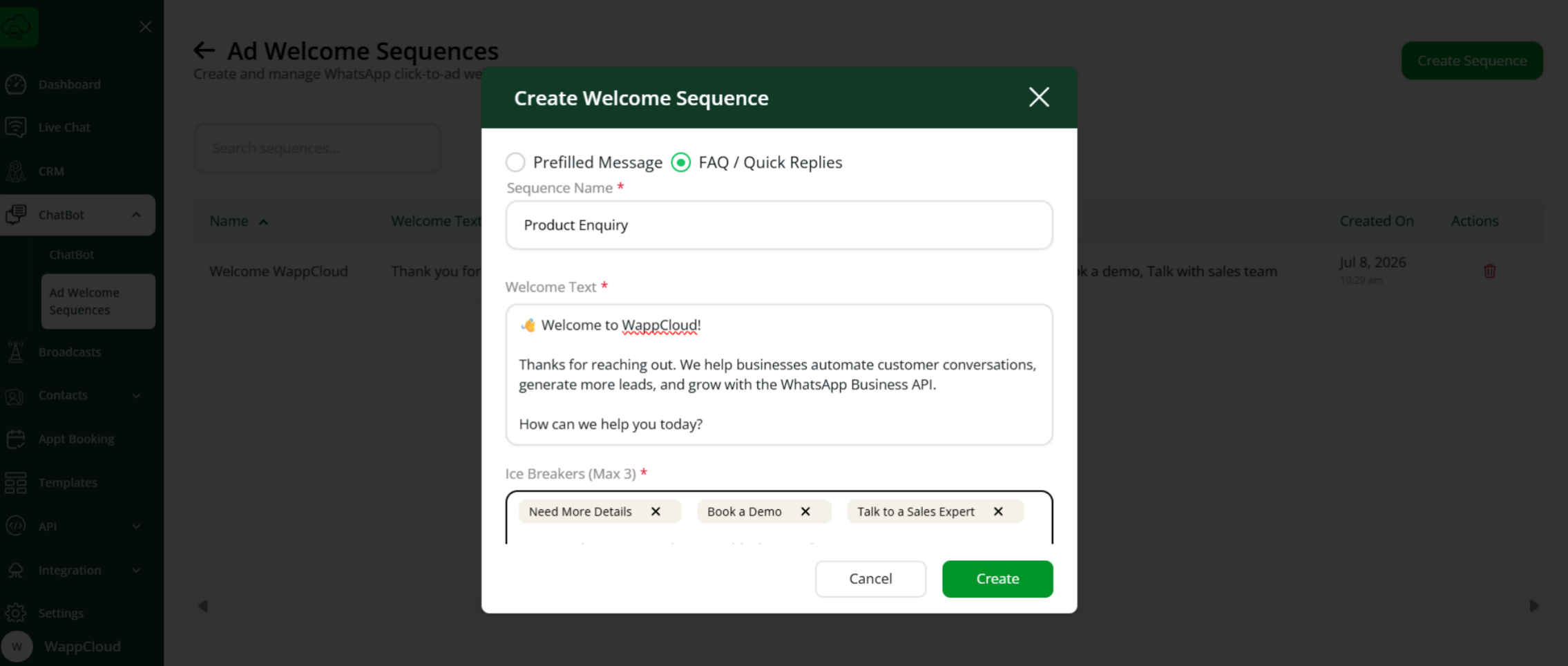 FAQ/Quick Replies setup screen