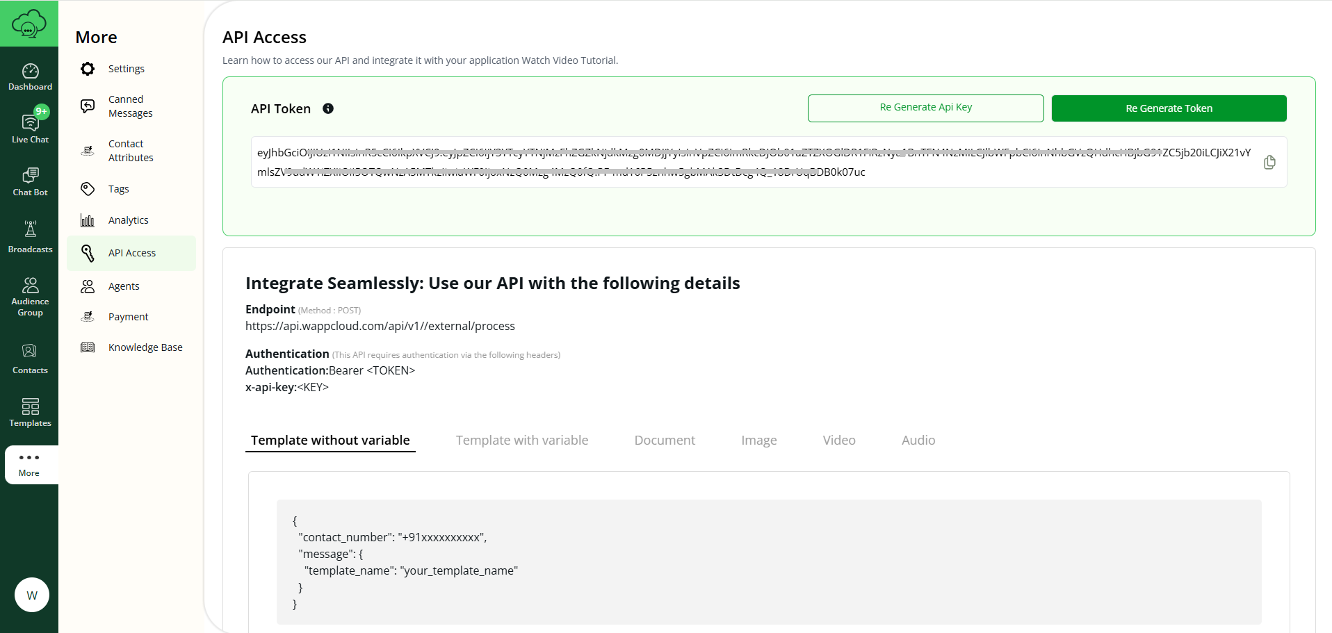 API Access Menu