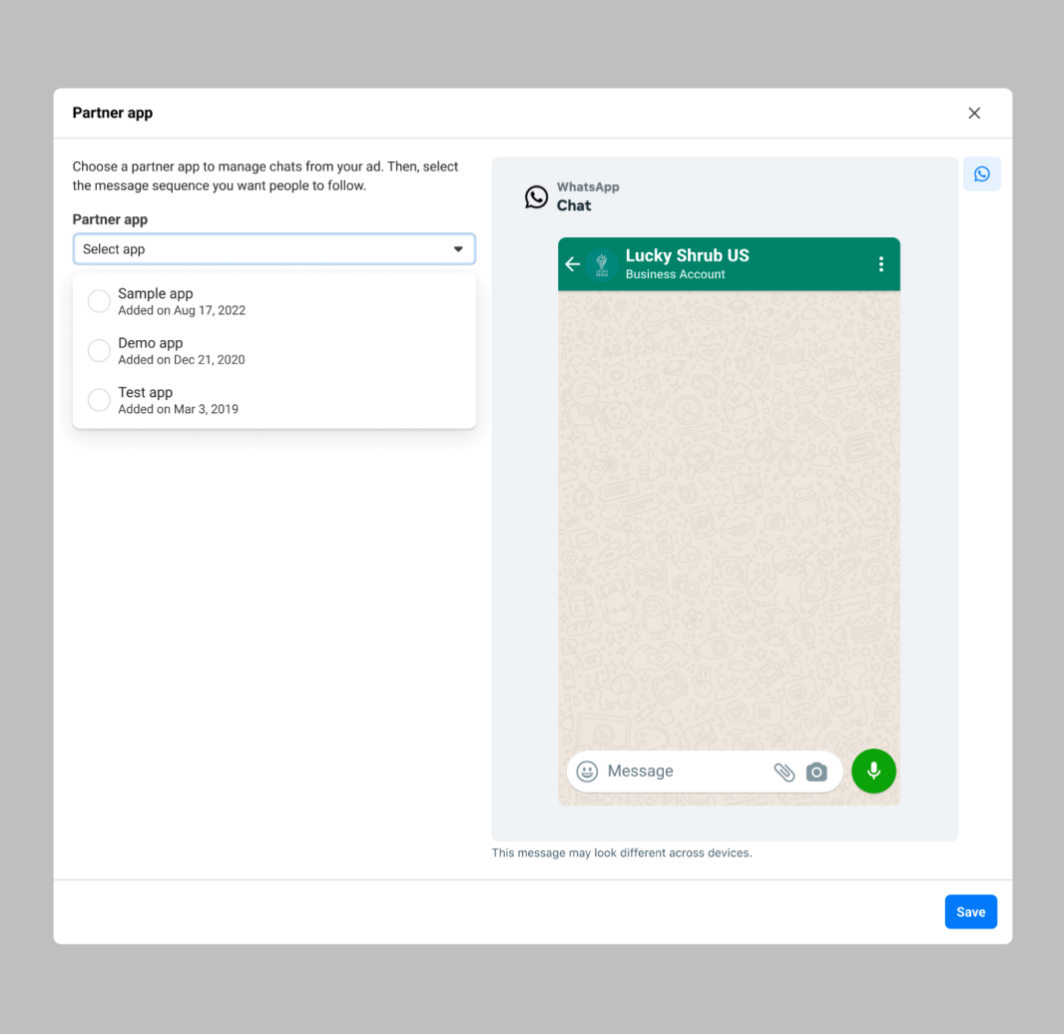 Partner app dropdown menu selection