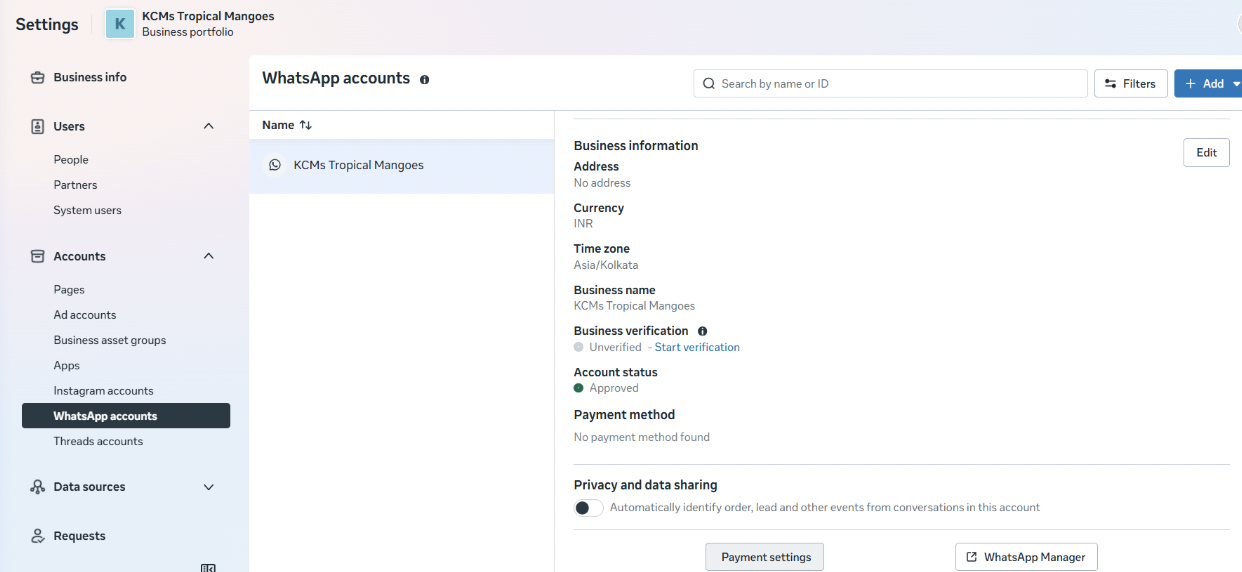 Figure 6.5 — Payment settings navigation