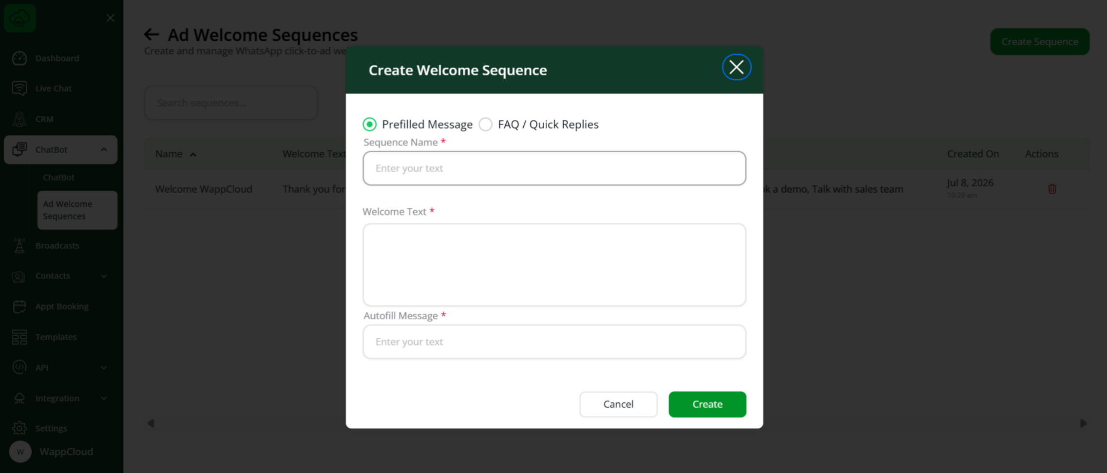 Prefilled Message or FAQ/Quick Replies selection